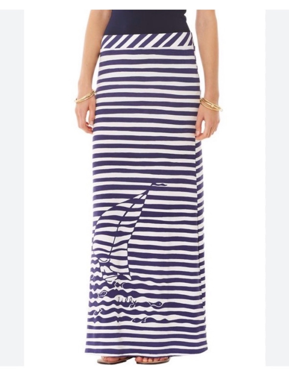 Lilly Pulitzer Navy and White Striped Maxi Skirt with Sailboat Motif